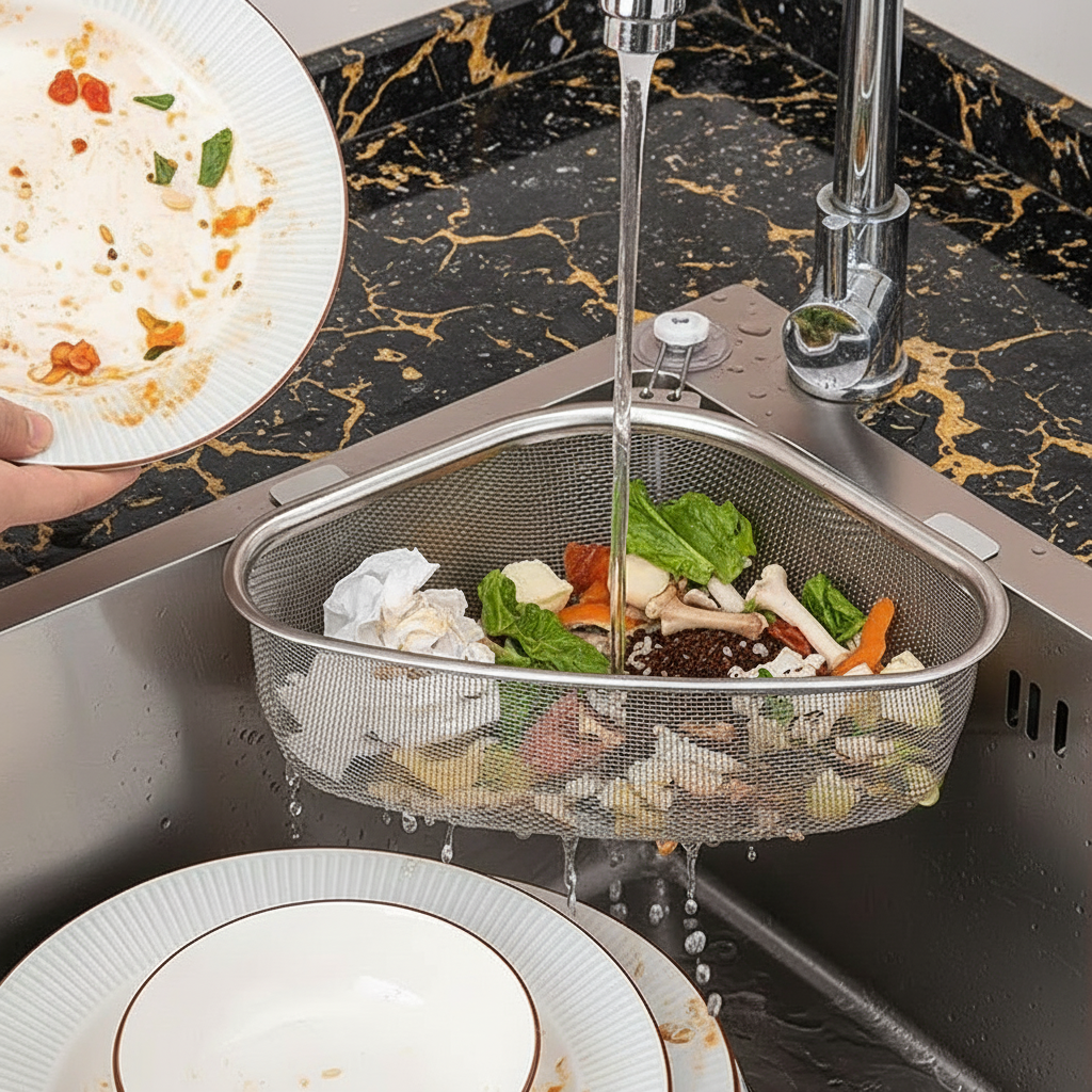 Fruit and vegetable peels in a sink strainer with water running over them.
